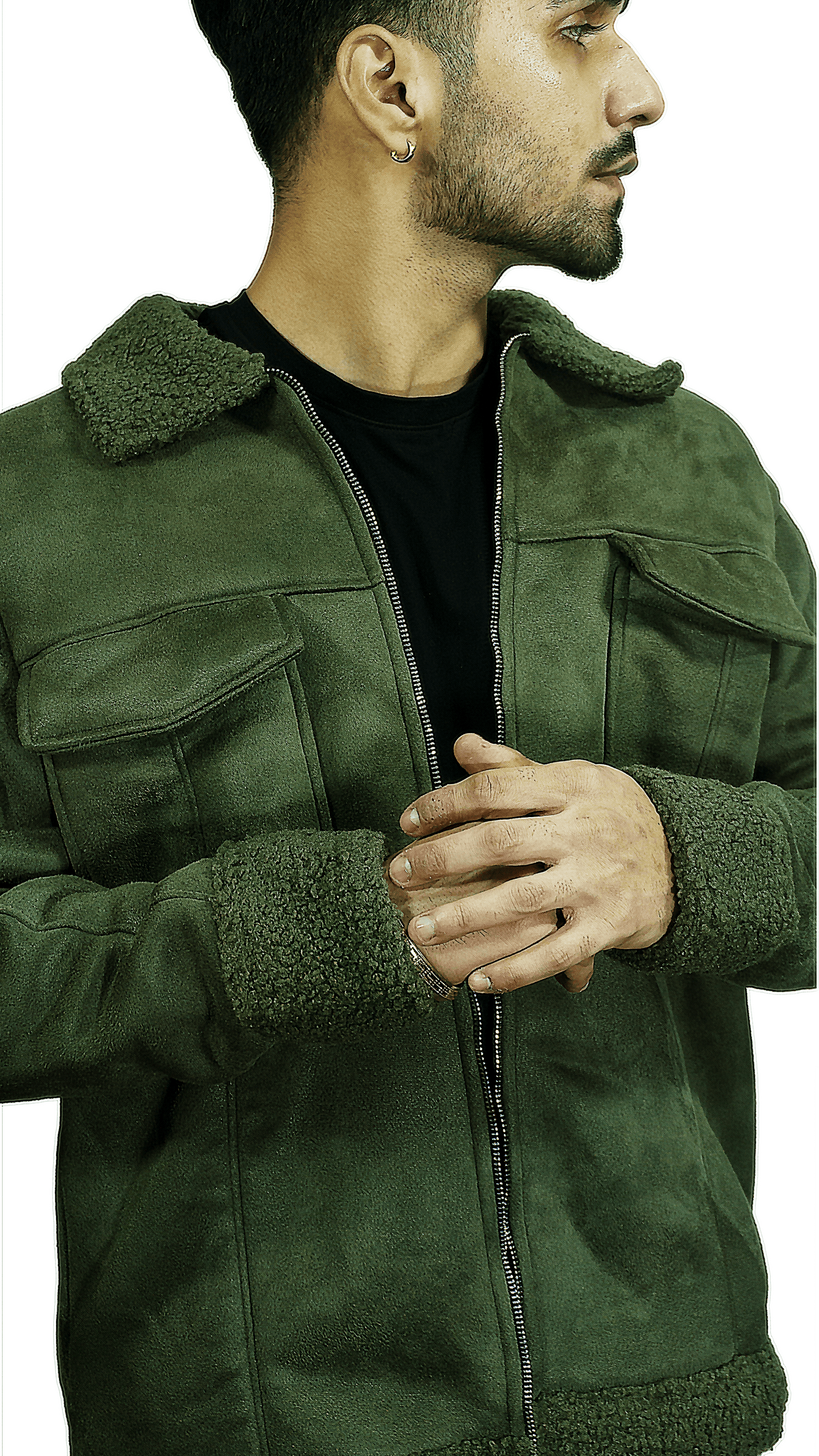 Moose suede Sherpa Fur Collar Zipper Shacket