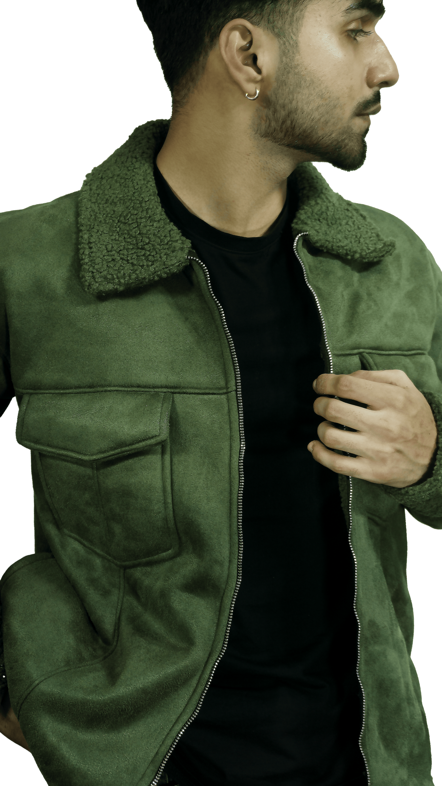 Moose suede Sherpa Fur Collar Zipper Shacket