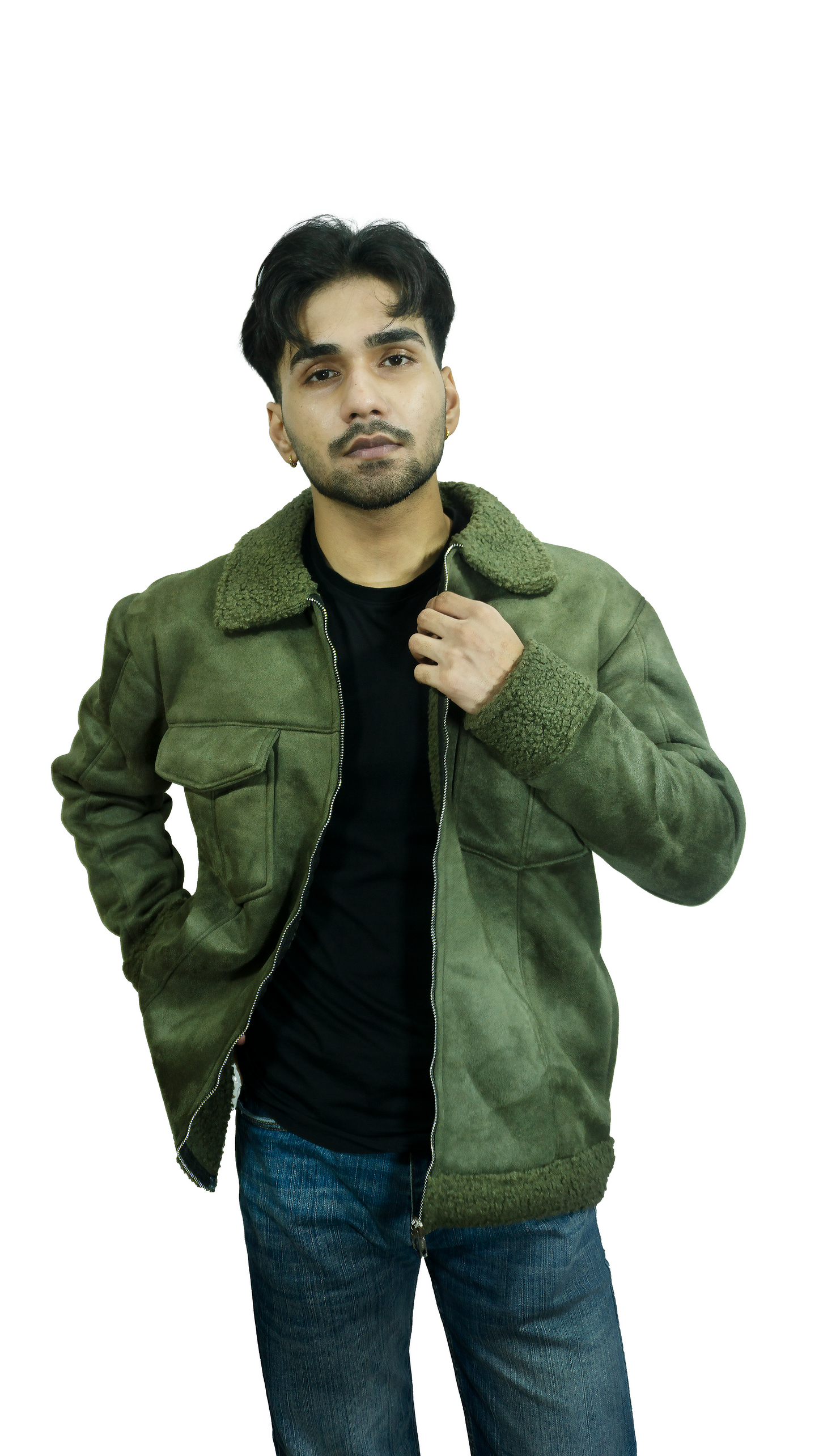 Moose suede Sherpa Fur Collar Zipper Shacket