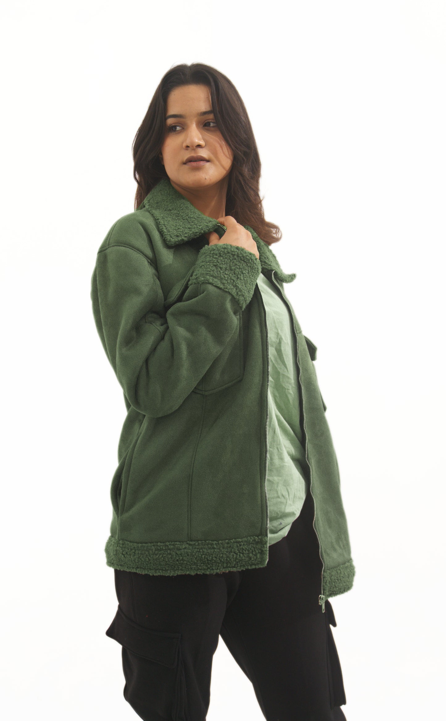 Moose suede Sherpa Fur Collar Zipper Shacket