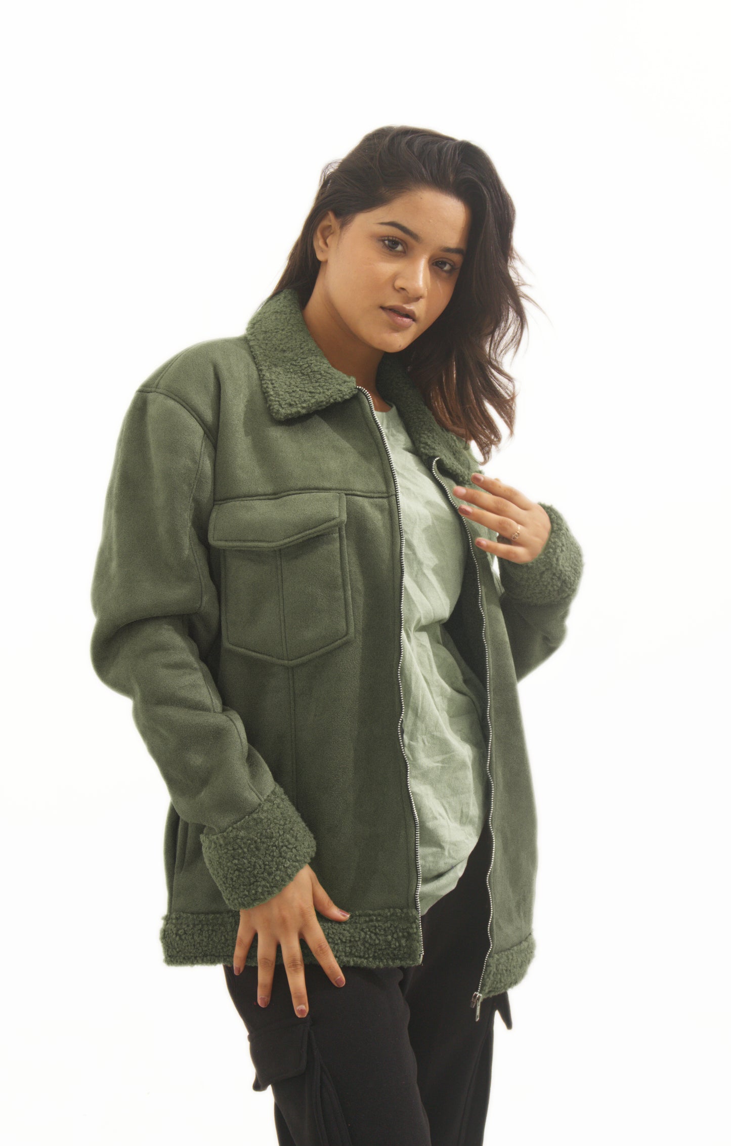 Moose suede Sherpa Fur Collar Zipper Shacket