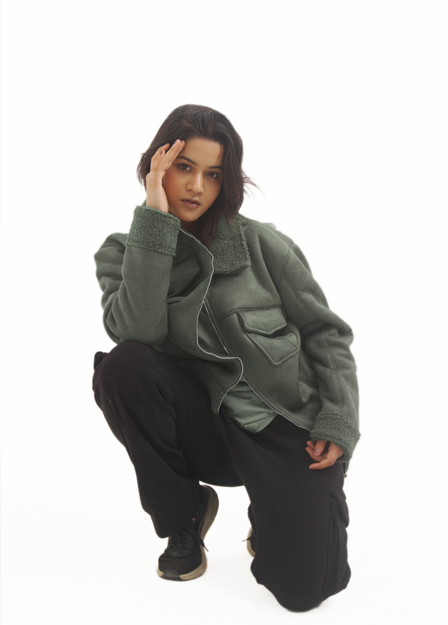 Moose suede Sherpa Fur Collar Zipper Shacket