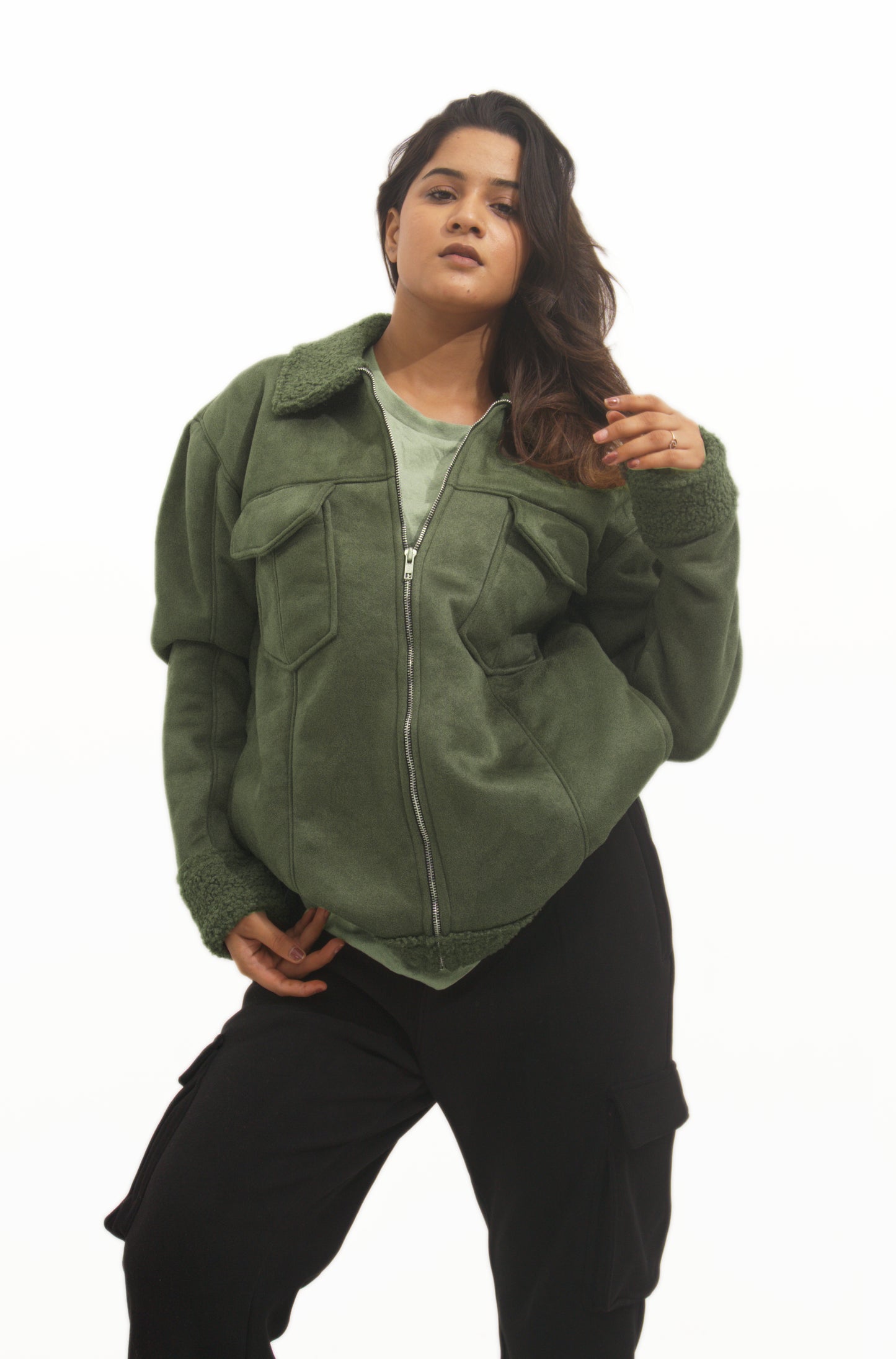 Moose suede Sherpa Fur Collar Zipper Shacket