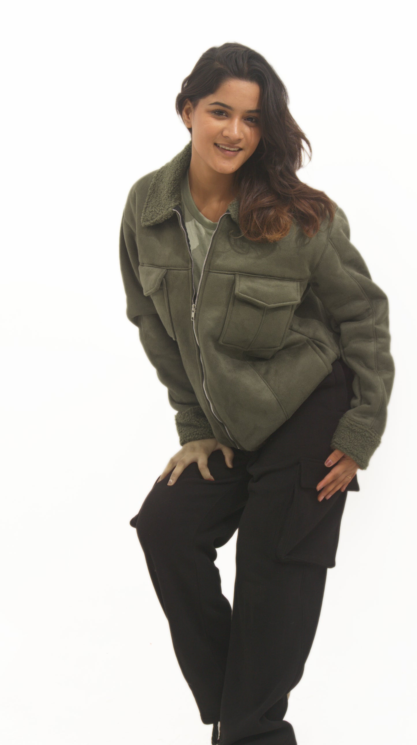 Moose suede Sherpa Fur Collar Zipper Shacket