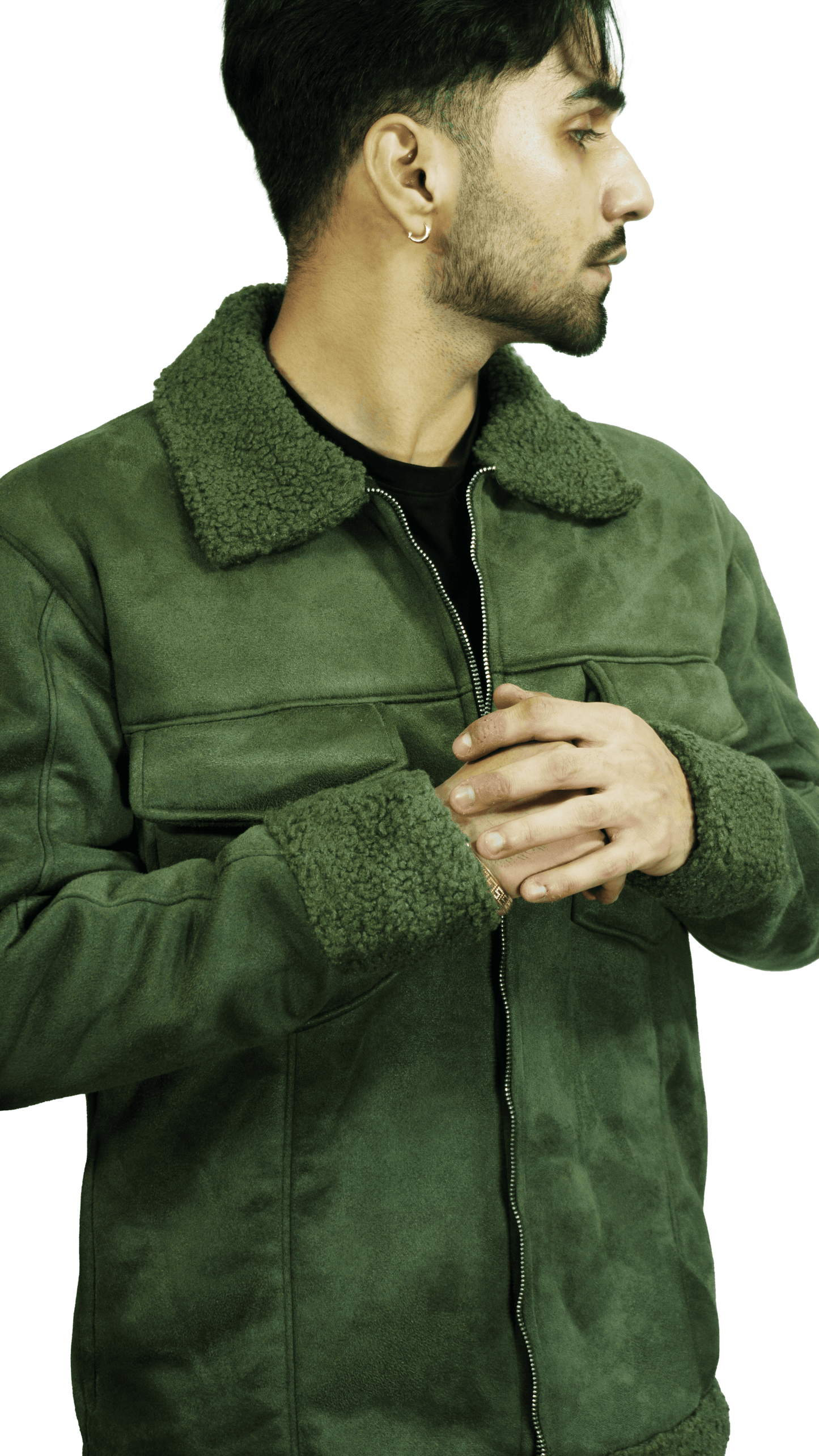 Moose suede Sherpa Fur Collar Zipper Shacket